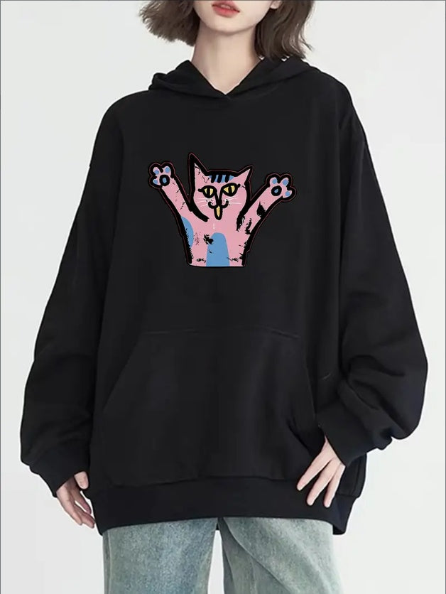 Women's Casual Hoodie With Cute Cat Print - Long Sleeve, Kangaroo Pocket, Cozy  Pullover For Fall & Winter